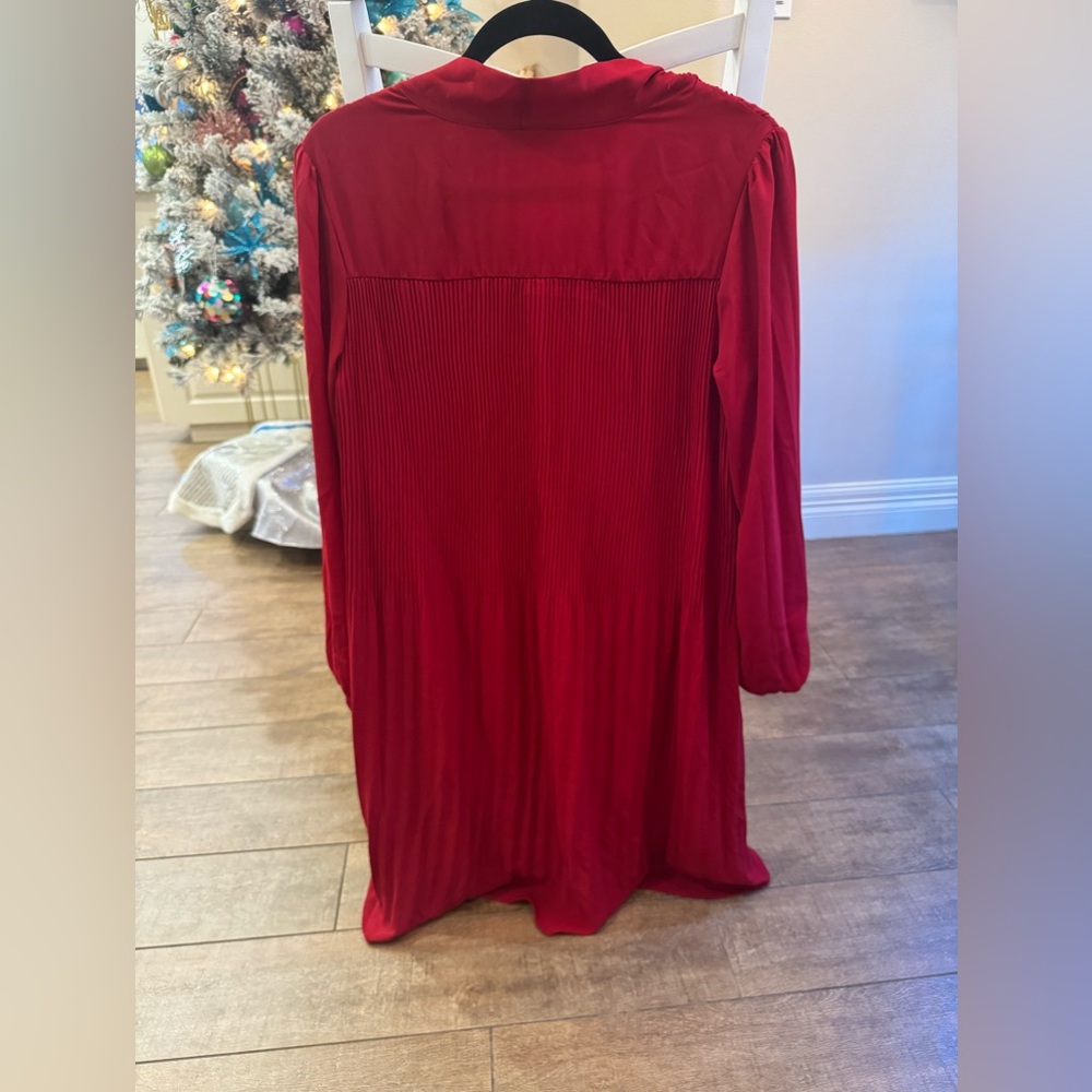 Nanette Lepore Red Pleated Dress with Tie Neck - Picture 6 of 7